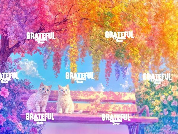 3 Kittens on a Park Bench Under the Rainbow Tree