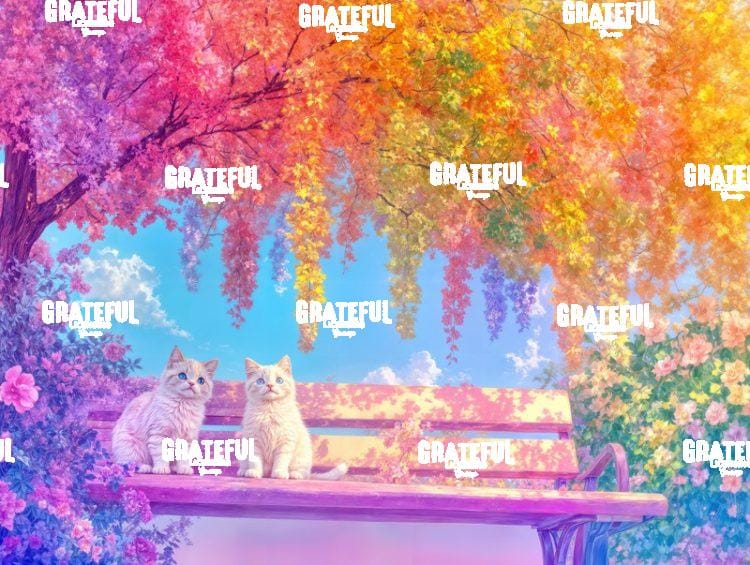 3 Kittens on a Park Bench Under the Rainbow Tree