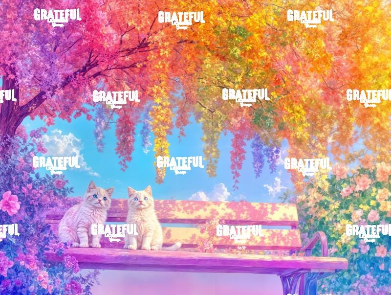 3 Kittens on a Park Bench Under the Rainbow Tree