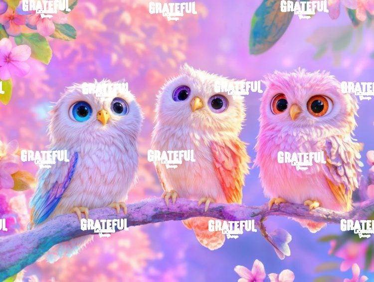 Three Cute Baby Owls in the Iridescent Forest