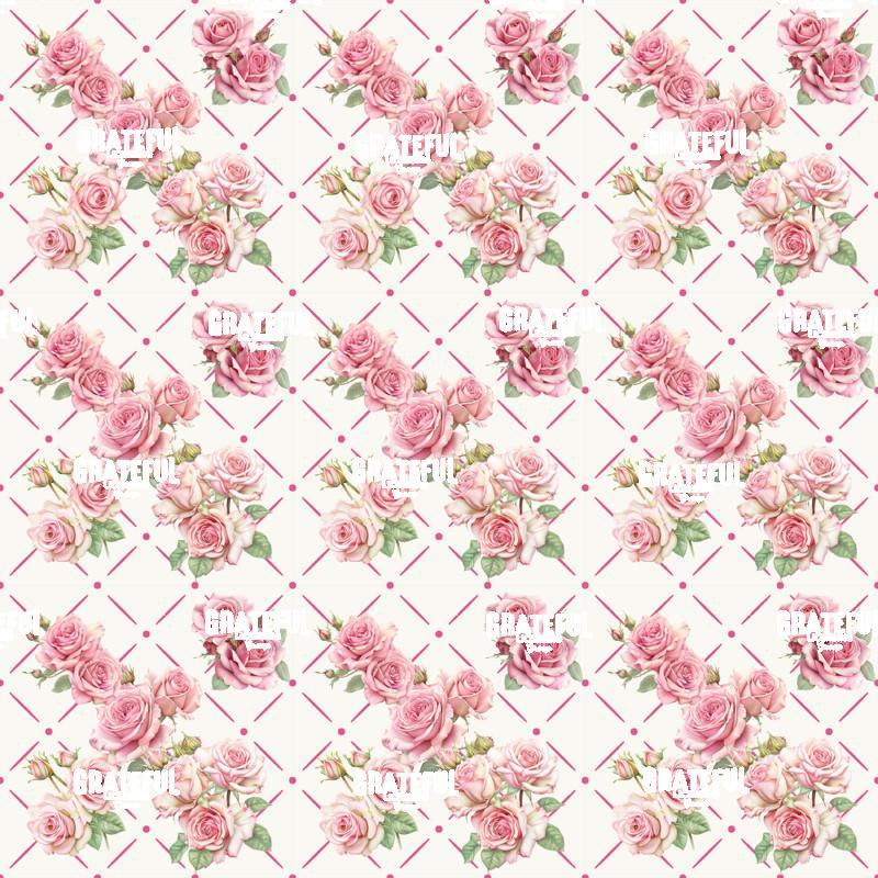 Petaled Lattice 9-Pink Roses on White with Medium Pink Grid