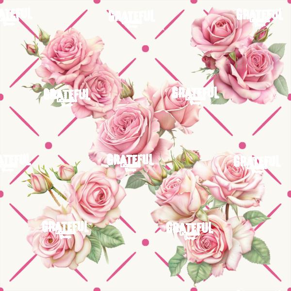 Petaled Lattice 9-Pink Roses on White with Medium Pink Grid Tile