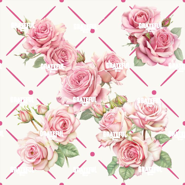 Petaled Lattice 9-Pink Roses on White with Medium Pink Grid Tile