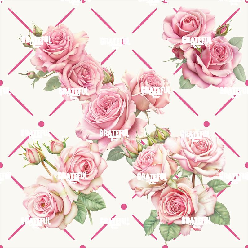 Petaled Lattice 9-Pink Roses on White with Medium Pink Grid Tile