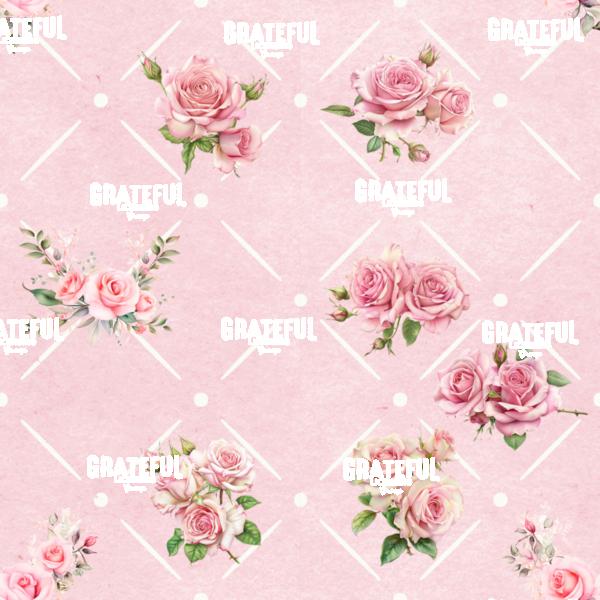 Petaled Lattice 11-Pink Roses Minimal Pattern on Pink with White Grid Tile