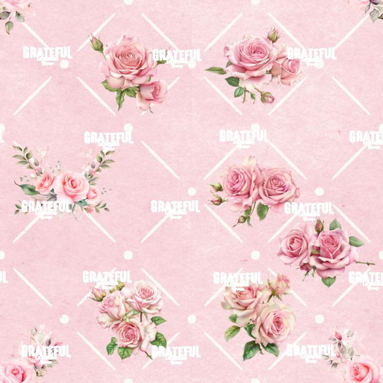 Petaled Lattice 11-Pink Roses Minimal Pattern on Pink with White Grid Tile