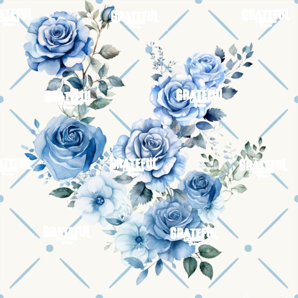 Petaled Lattice 20-Blue Roses on White with Blue Grid Tile