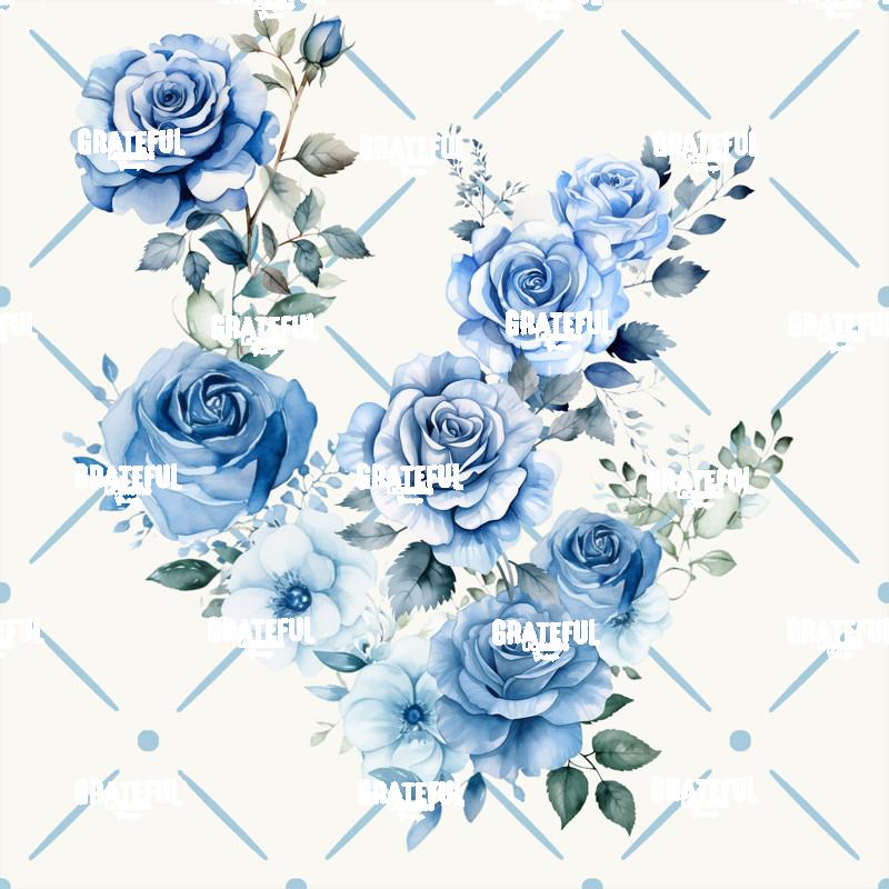 Petaled Lattice 20-Blue Roses on White with Blue Grid Tile