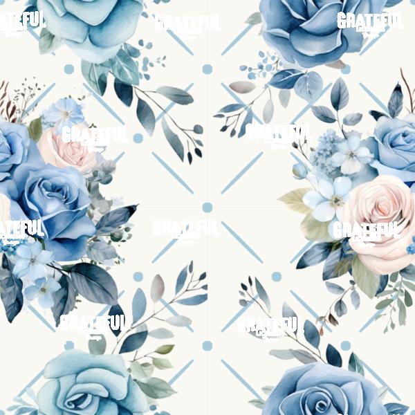Petaled Lattice 21-Blue Rose Clusters on White with Blue Grid Tile