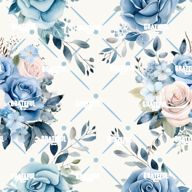 Petaled Lattice 21-Blue Rose Clusters on White with Blue Grid Tile