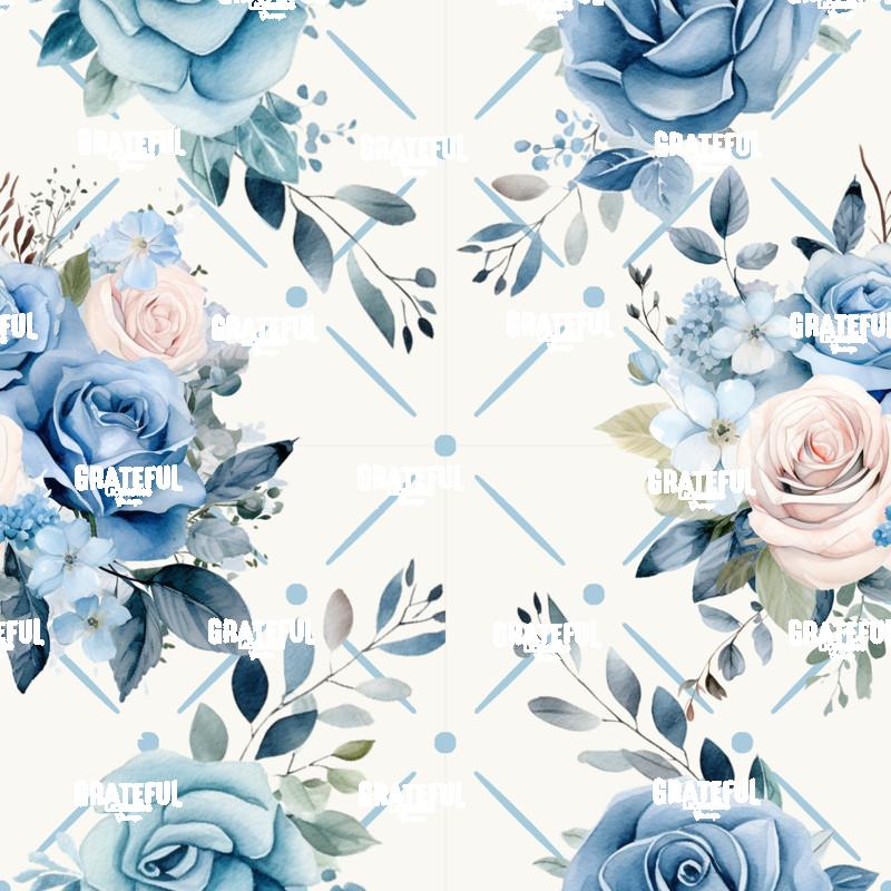 Petaled Lattice 21-Blue Rose Clusters on White with Blue Grid Tile