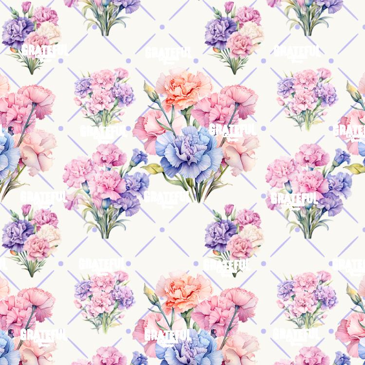 Petaled Lattice 40-Pastel Carnations on White with Lilac Grid