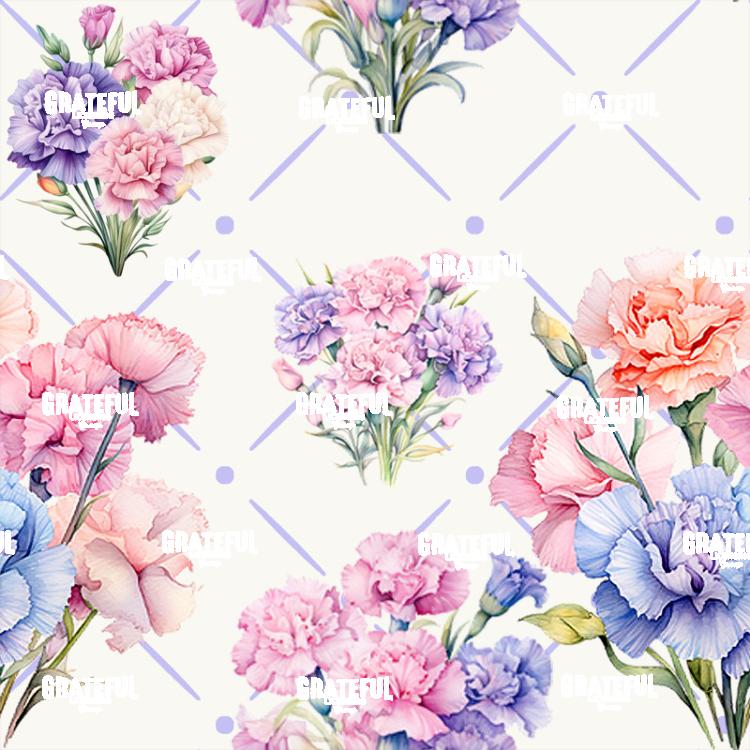 Petaled Lattice 40-Pastel Carnations on White with Lilac Grid Tile