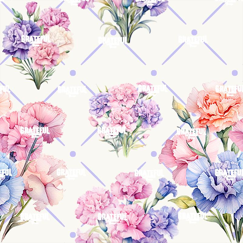 Petaled Lattice 40-Pastel Carnations on White with Lilac Grid Tile
