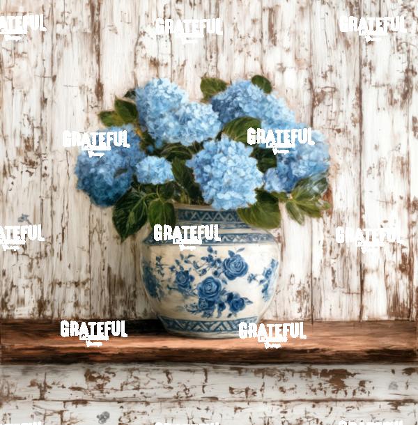 Blue Hydrangeas in a Chinoiserie Vase on a Rustic Shelf