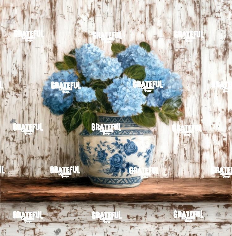 Blue Hydrangeas in a Chinoiserie Vase on a Rustic Shelf