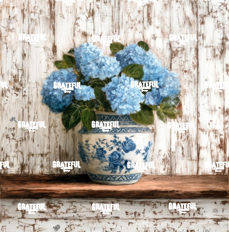 Blue Hydrangeas in a Chinoiserie Vase on a Rustic Shelf
