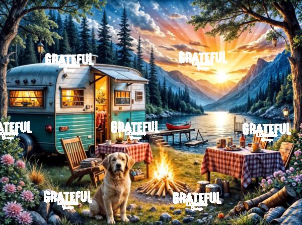 Sunset Camper with Golden Retriever