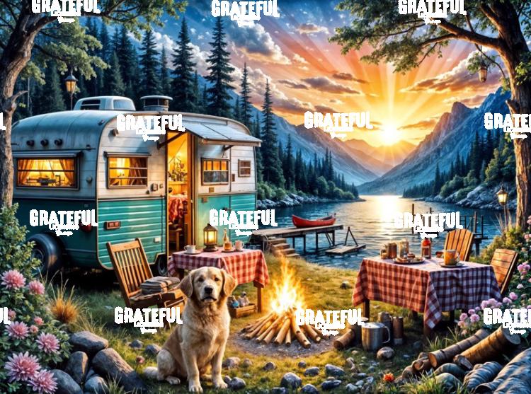 Sunset Camper with Golden Retriever