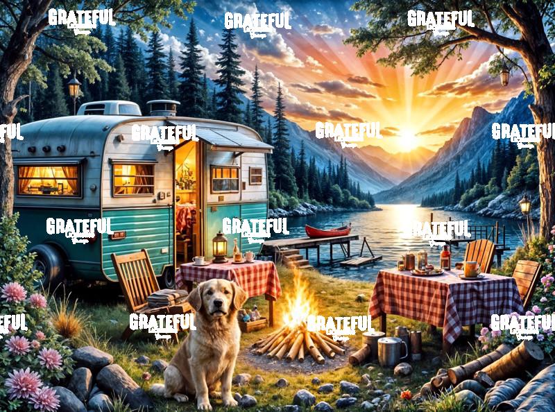 Sunset Camper with Golden Retriever