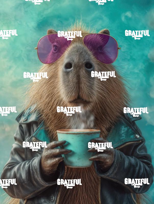 Stylish Capybara in a Leather Jacket with Morning Coffee