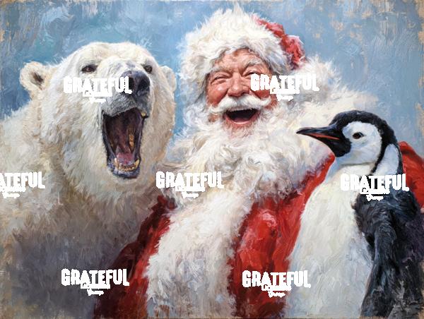 Santa Laughing with a Polar Bear and Penguin, Christmas Painting 1