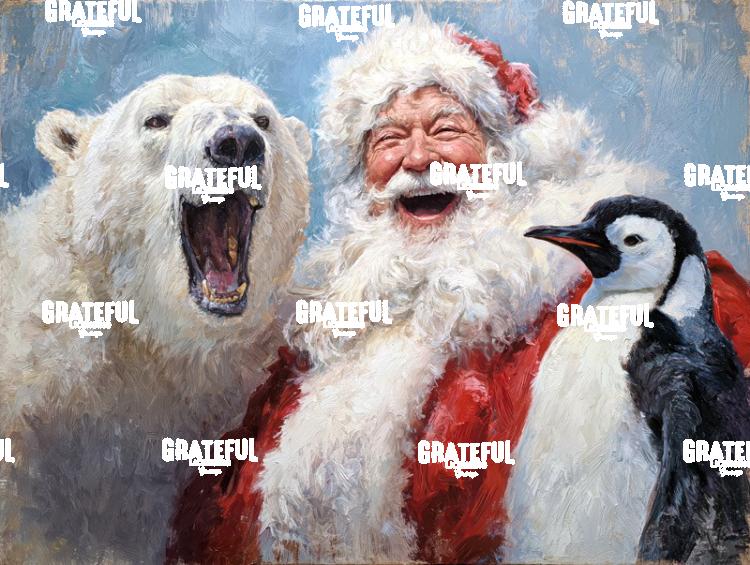 Santa Laughing with a Polar Bear and Penguin, Christmas Painting 1