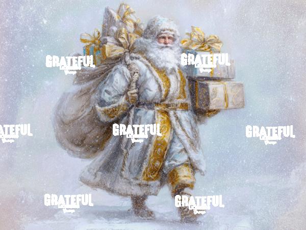 White and Gold Santa with Gifts in the Snow