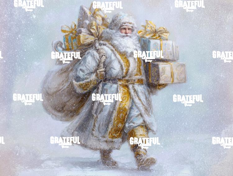 White and Gold Santa with Gifts in the Snow