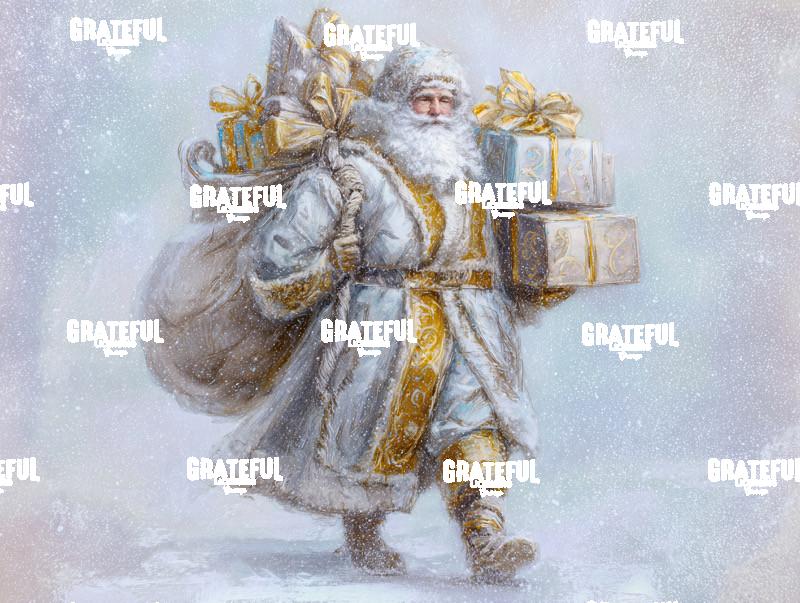 White and Gold Santa with Gifts in the Snow
