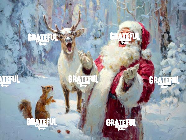 Santa Laughing with a Reindeer and Squirrel, Christmas Painting 2