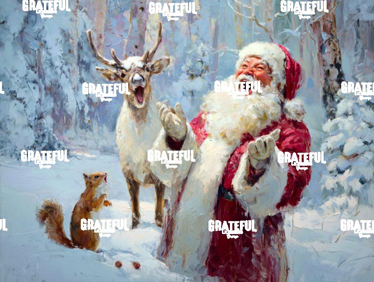 Santa Laughing with a Reindeer and Squirrel, Christmas Painting 2