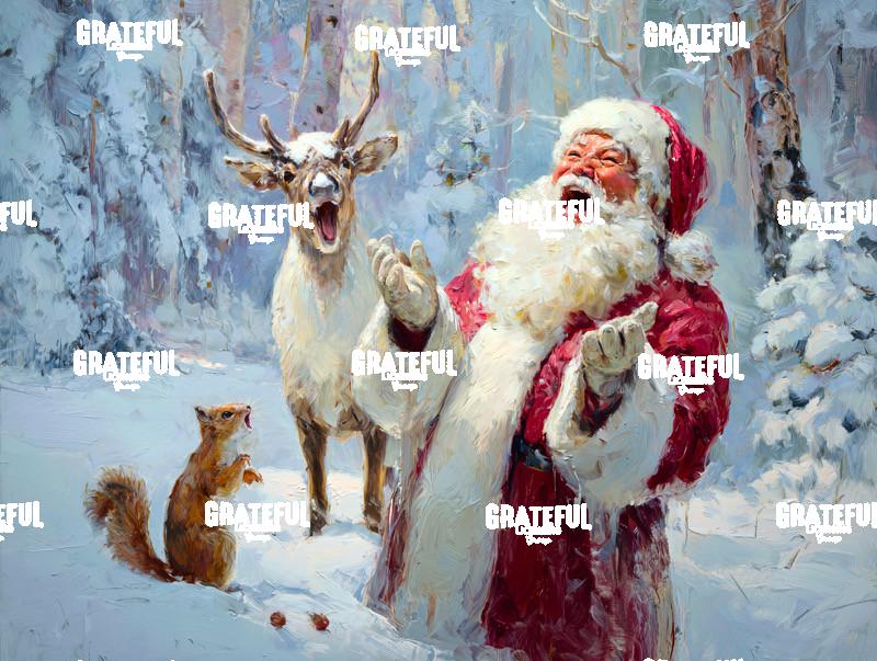 Santa Laughing with a Reindeer and Squirrel, Christmas Painting 2