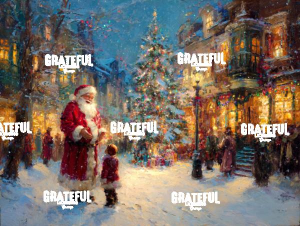 Santa with a Child in the Town Center, Christmas Painting