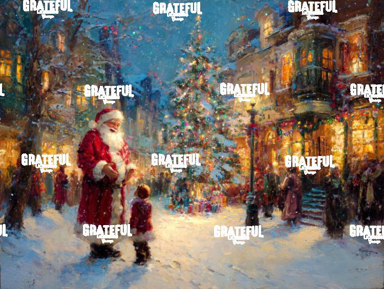 Santa with a Child in the Town Center, Christmas Painting