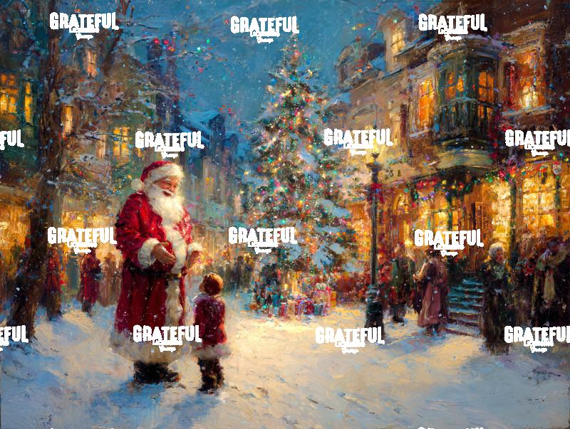 Santa with a Child in the Town Center, Christmas Painting