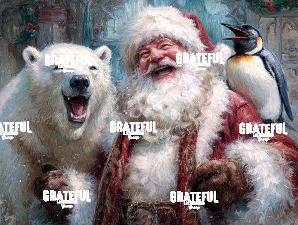 Santa Laughing with a Polar Bear and Penguin, Christmas Painting 2