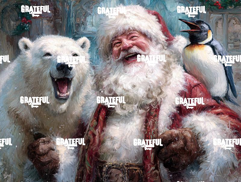 Santa Laughing with a Polar Bear and Penguin, Christmas Painting 2