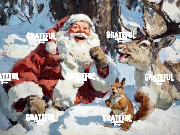Santa Laughing with a Reindeer and Squirrel, Christmas Painting 1