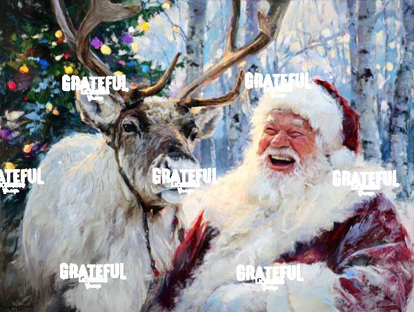 Santa Laughing with a Reindeer, Christmas Painting