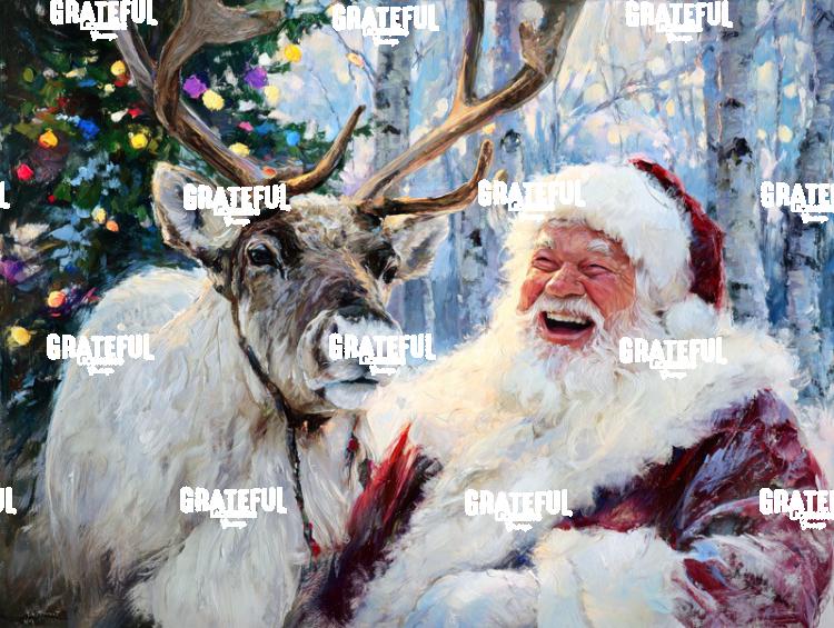 Santa Laughing with a Reindeer, Christmas Painting
