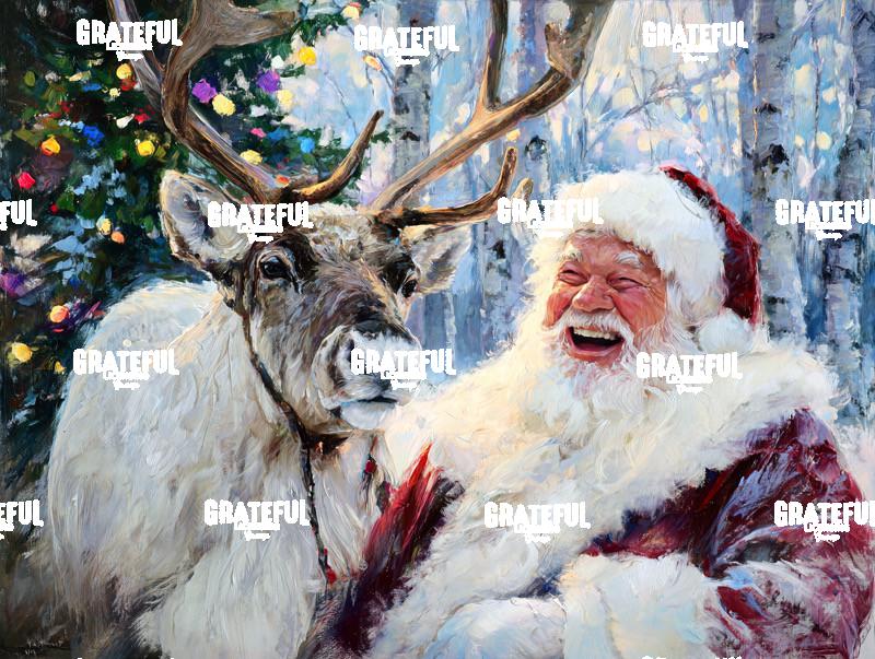 Santa Laughing with a Reindeer, Christmas Painting