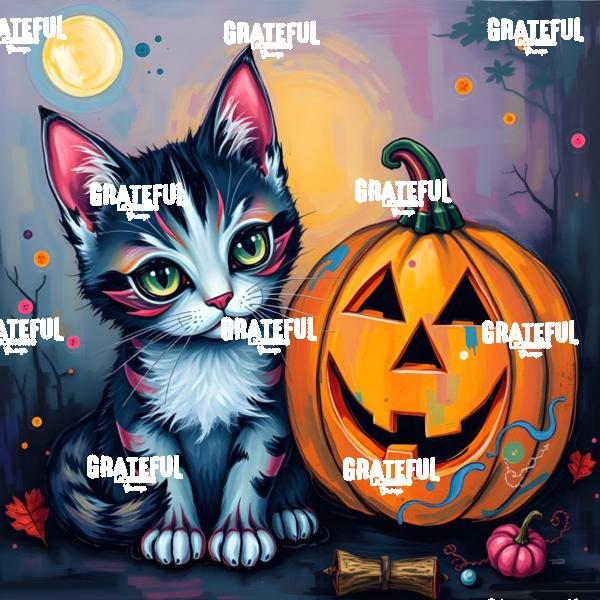 Pink Striped Kitten With Jack O Lantern