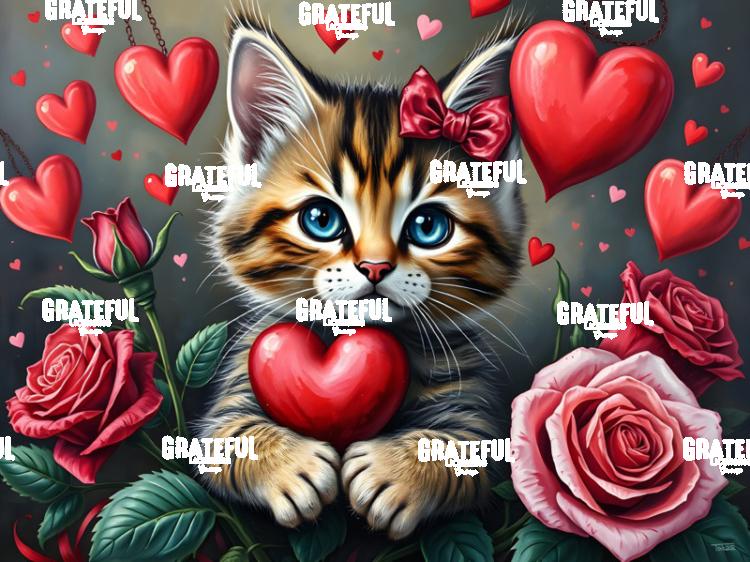 Valentine Kitten with Hearts and Roses