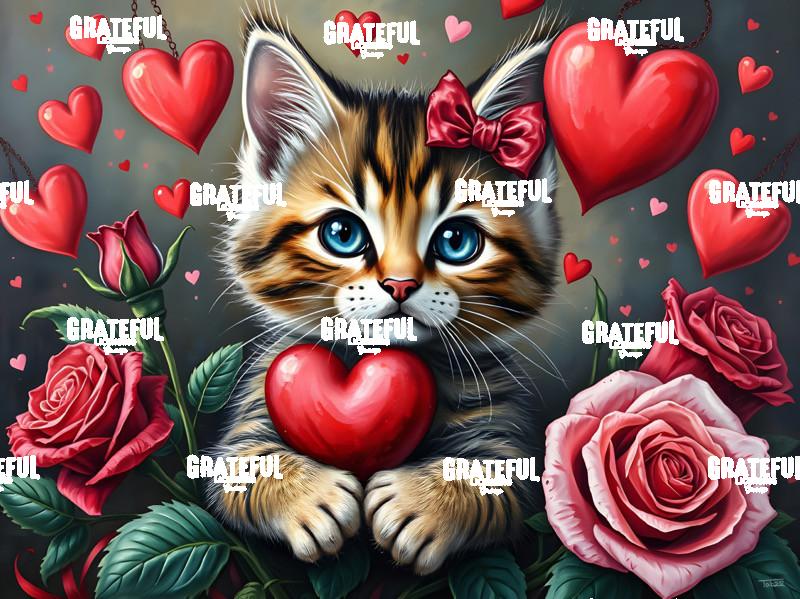 Valentine Kitten with Hearts and Roses