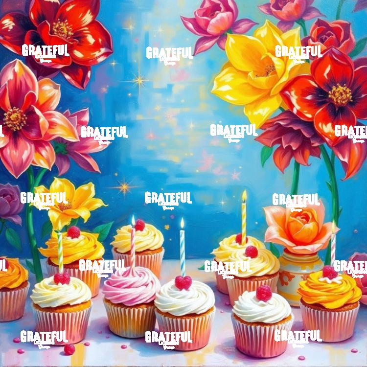 Colorful Cupcakes and Flowers Birthday