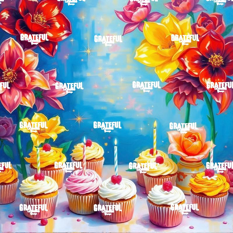 Colorful Cupcakes and Flowers Birthday