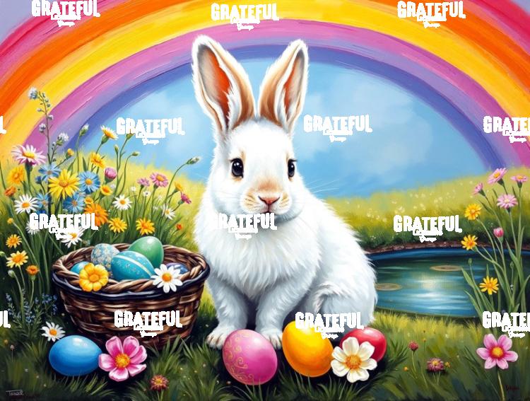 Easter Bunny With Eggs and Rainbow