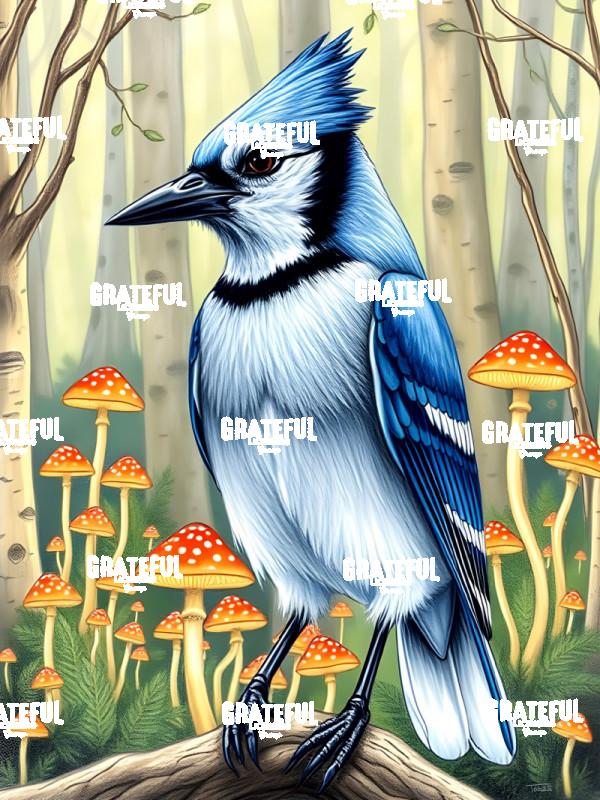 Blue Jay with Mushrooms