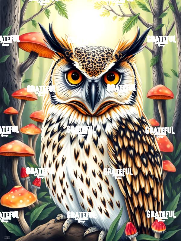 Great Horned Owl with Mushrooms